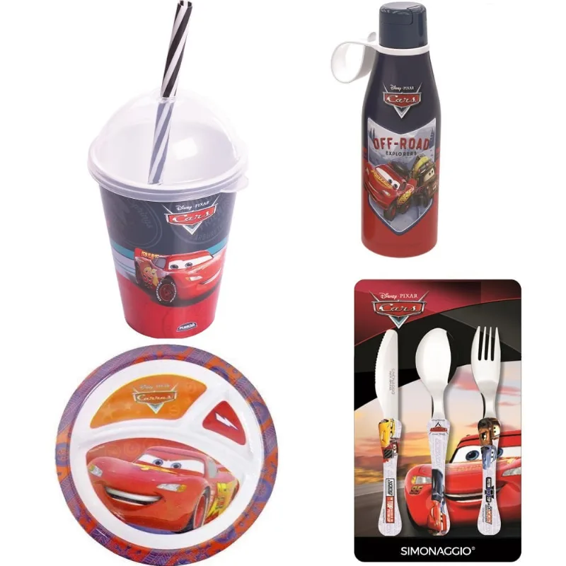 Kit CARS Prato Talheres Garrafa abre facil e copo Shake