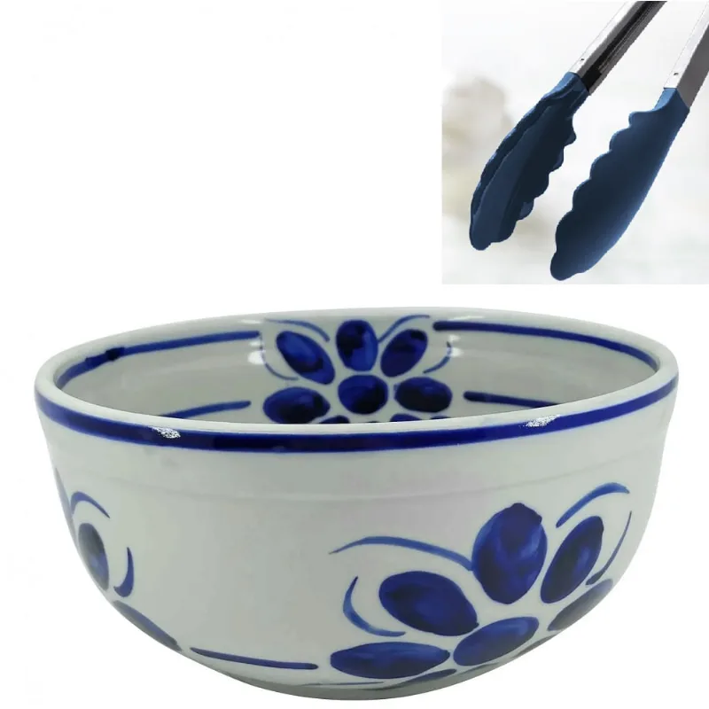 Saladeira de Porcelana e pegador pintada a mão - Floral