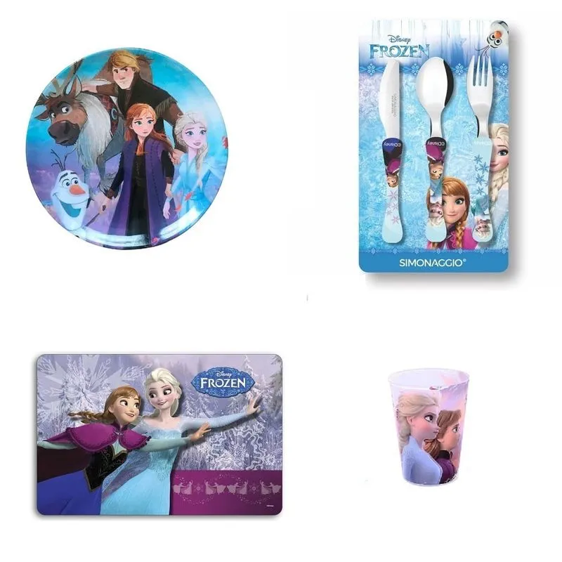 Conjunto Frozen com jogo americano, prato, copo e talheres