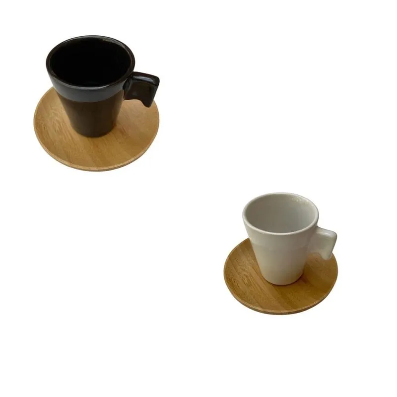 Conjunto Cafezinho Com Pires Bambu E Xicaras Preta E Branca