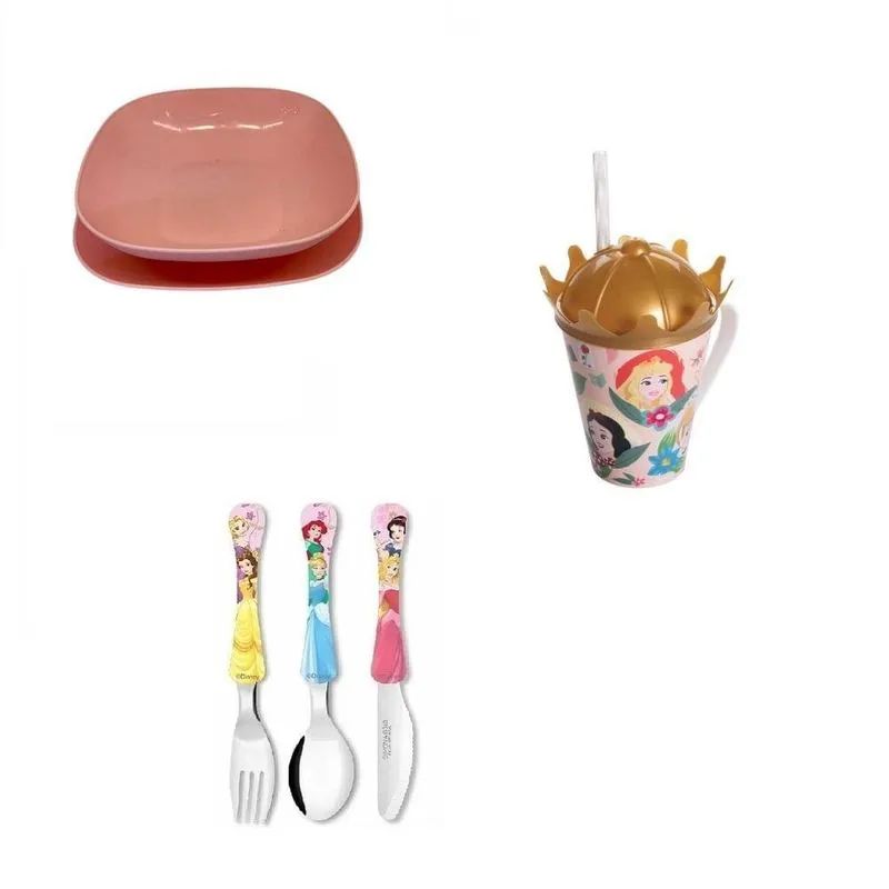 Conjunto Pratos, Talheres, Caneca Canudo E Tampa Princesas
