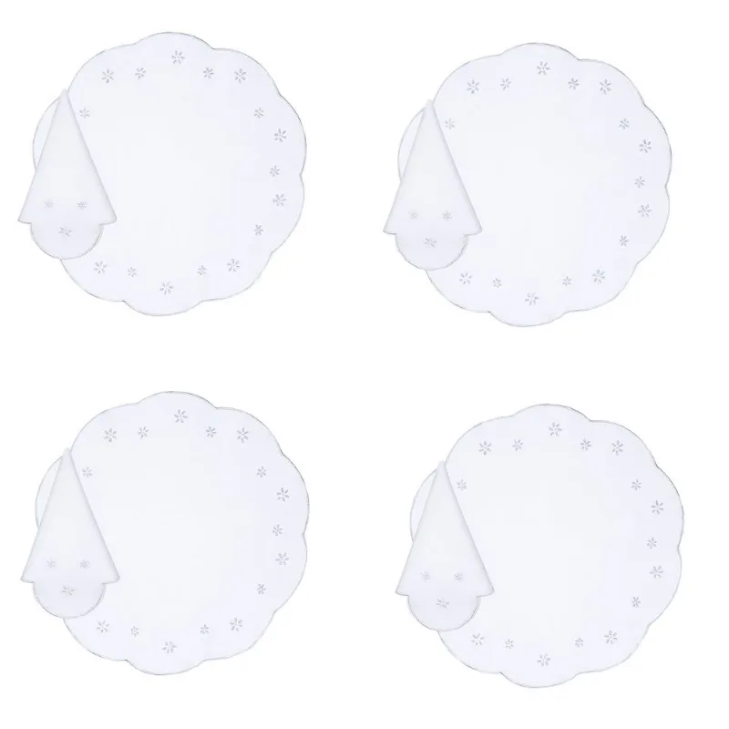 Jogo americano e guardanapo bordado (4) branco 45cm flor