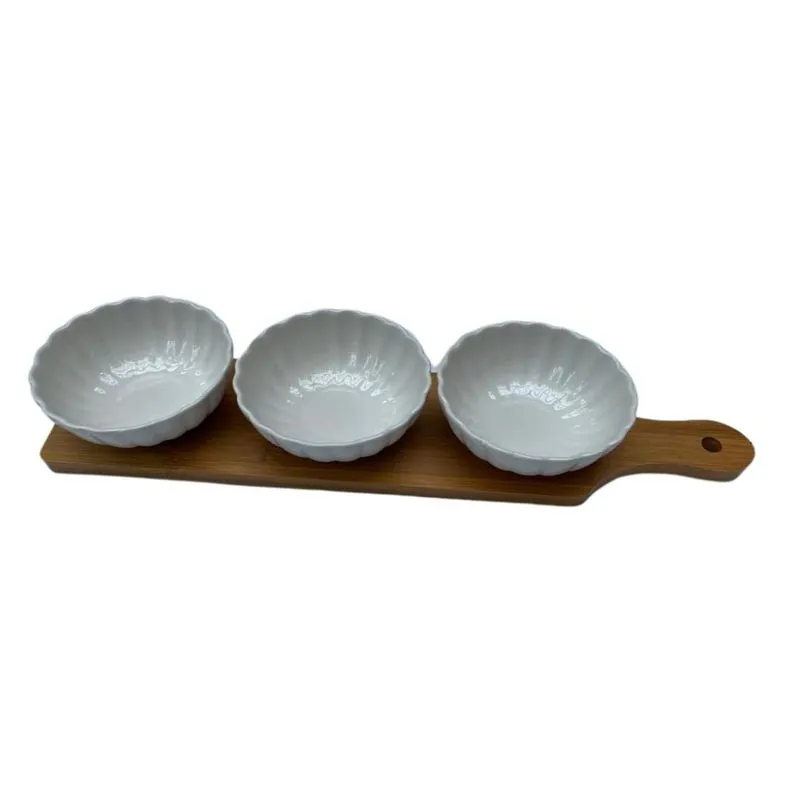 Petisqueira De Bambu Com 3 Bowls De Porcelana E Espatulas Br