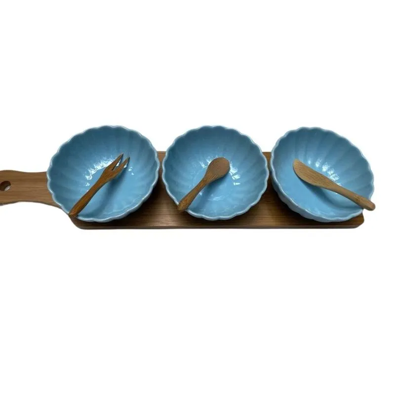 Petisqueira De Bambu Com 3 Bowls De Porcelana E Espatulas Ac