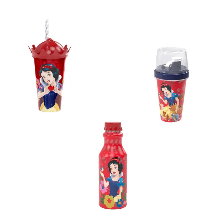 Conjunto Branca De Neve Garrafa Shake Canudo Coroa Vermelho