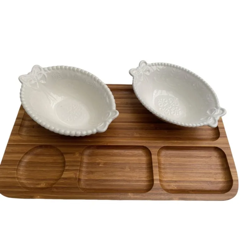 Petisqueira de bambu 4 espaços e 2 cumbucas porcelana Oval
