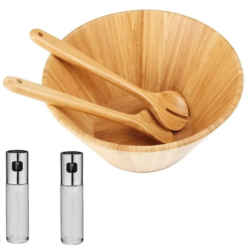 Saladeira De 30 Cm Pegadores Em Bambu E Galheteiro Spray