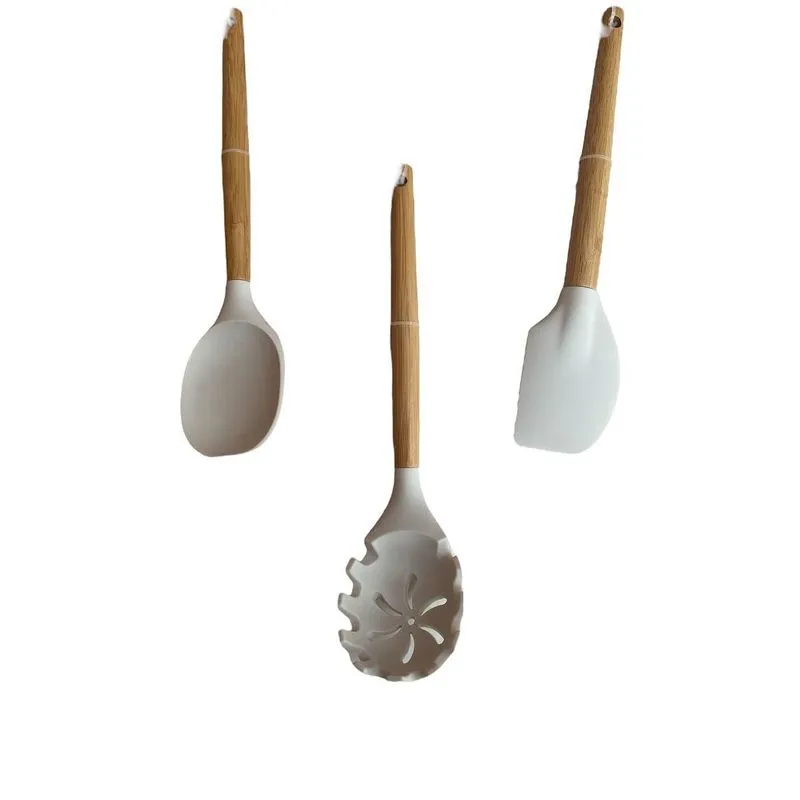 Kit Colher, Colher Macarrão E Espátula, Bambu E Silicone