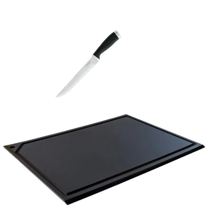 Tabua Corte Polietileno Preta Canaleta 33x25 E Faca Cozinha