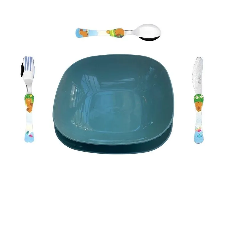 Conjunto Pratos Raso E Fundo Com Talheres Capivara - Azul