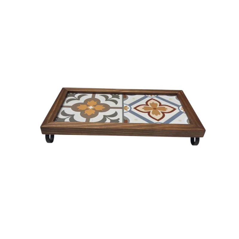 Bandeja Aparador azulejo ferro madeira 35 x 18 x 5,5