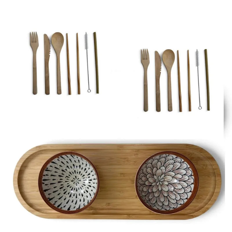 Conjunto Versalhes Bambu & Cerâmica Bandeja Bowls e Talheres