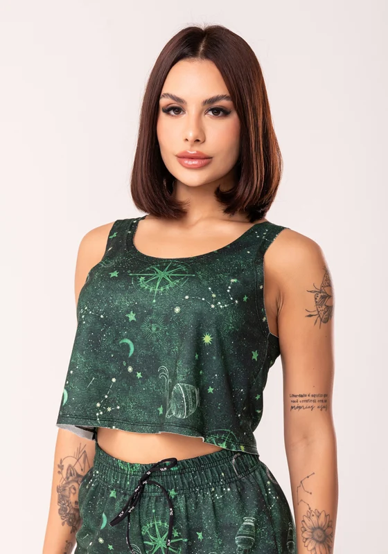 Cropped Feminino Moletinho Estampado Signo Aquário Dlk VERDE / P