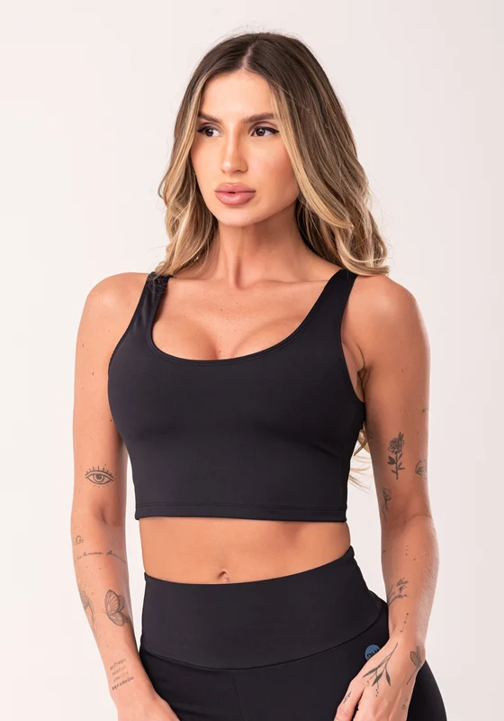 Top Cropped Fitness Feminino Preto Com Recortes Oasis Dlk PRETO / GG