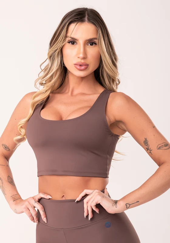 Top Cropped Fitness Feminino Marrom Com Recortes Oasis Dlk MARROM / P