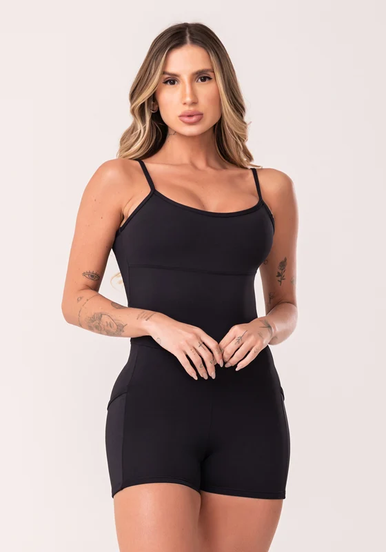 Macaquinho Fitness Feminino Preto Com Bolsos Oasis Dlk PRETO / M