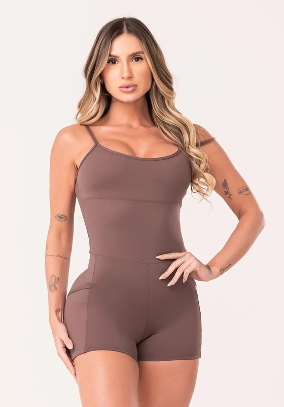 Macaquinho Fitness Feminino Marrom Com Bolsos Oasis Dlk MARROM / GG