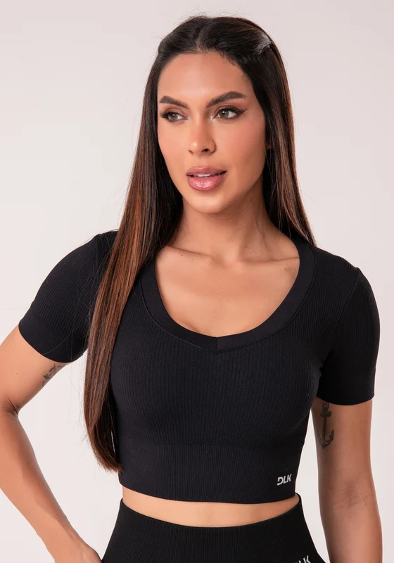 Cropped Feminino Preto Canelado Seamless+ Dlk PRETO / G