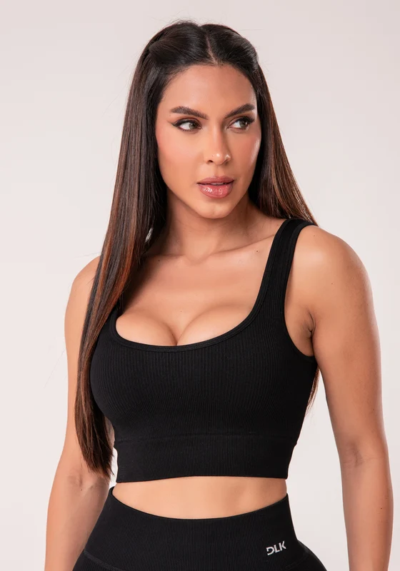 Top Fitness Feminino Preto Canelado Com Bojo Seamless+ Dlk PRETO / GG