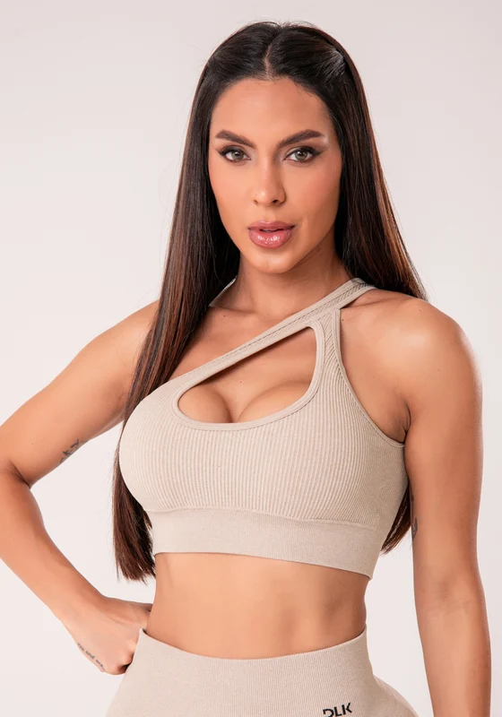 Top Fitness Feminino Areia Canelado Com Bojo E Detalhe Vazado Seamless+ Dlk NUDE / G