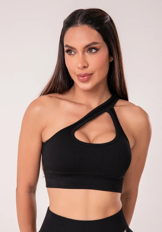 Top Fitness Feminino Preto Canelado Com Bojo E Detalhe Vazado Seamless+ Dlk PRETO / G