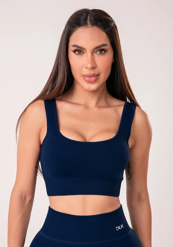 Top Fitness Feminino Azul Marinho Canelado Com Bojo Seamless+ Dlk AZUL MARINHO / GG