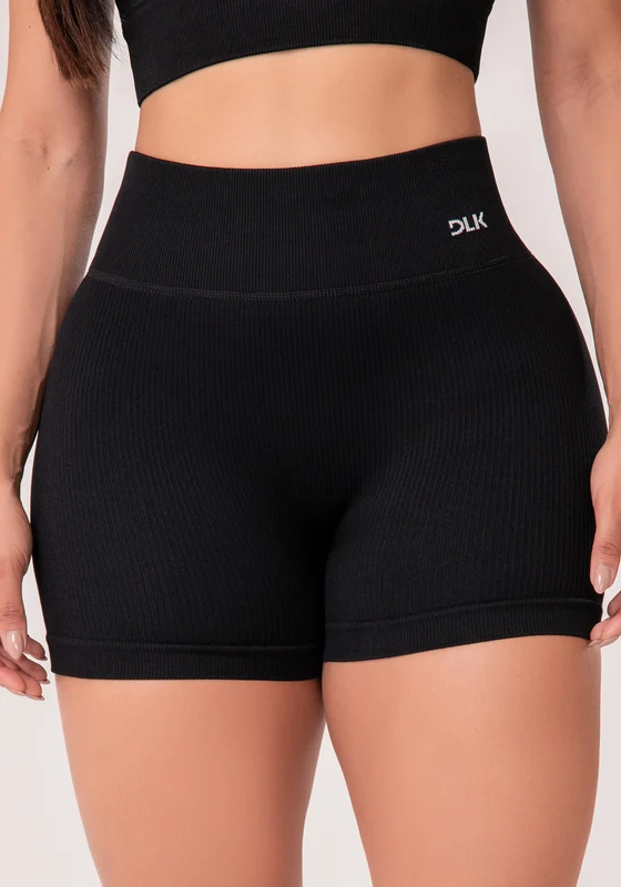 Short Fitness Feminino Preto Canelado Com Cós Alto Seamless+ Dlk PRETO / P