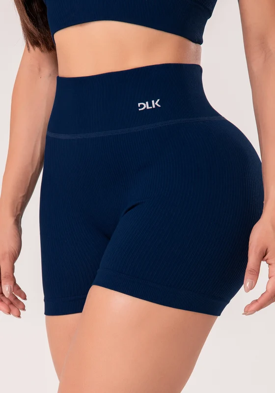 Short Fitness Feminino Azul Marinho Canelado Com Cós Alto Seamless+ Dlk AZUL MARINHO / M