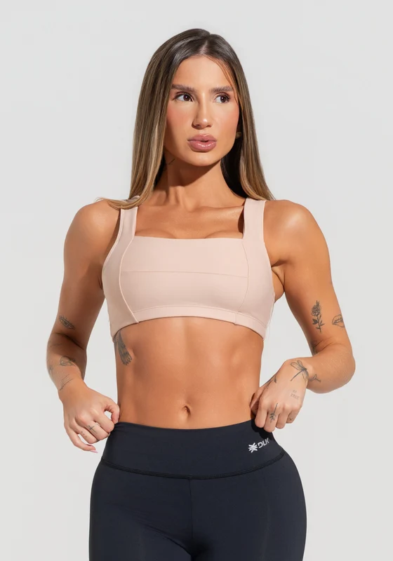Top Fitness Feminino Nude Com Decote Reto Com Recortes Dlk NUDE / M