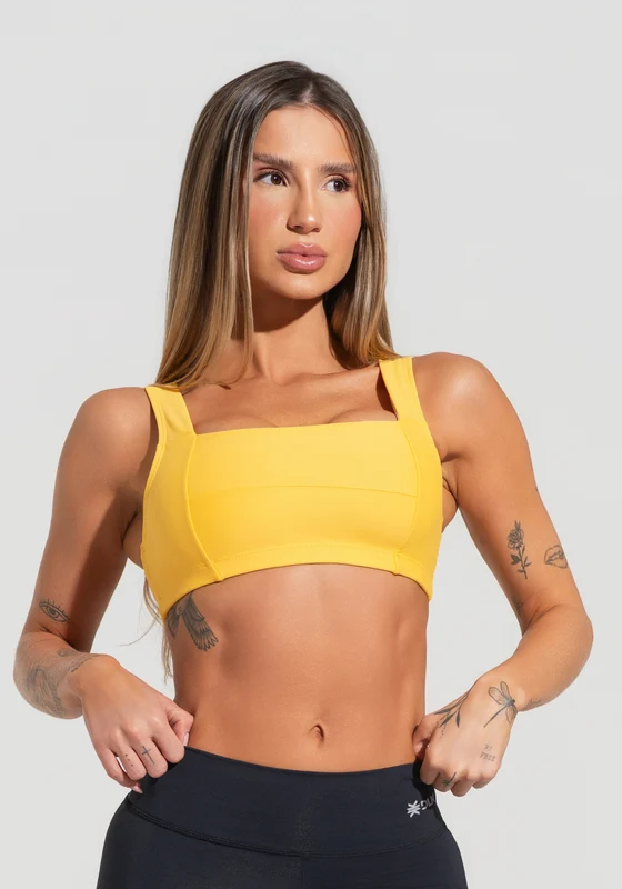 Top Fitness Feminino Amarelo Com Decote Reto Com Recortes Dlk AMARELO / M