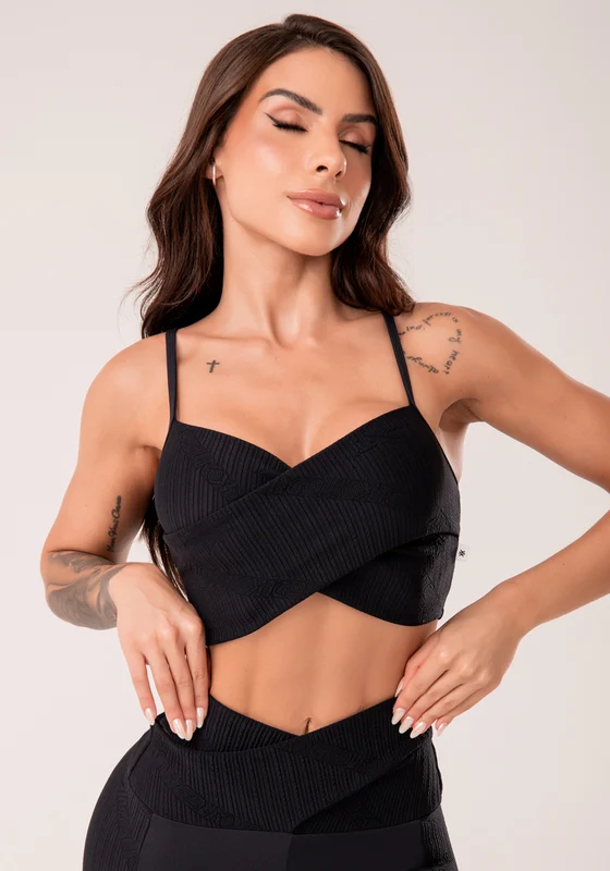 Top Fitness Feminino Preto Texturizado Transpassado Harmony Dlk PRETO / G