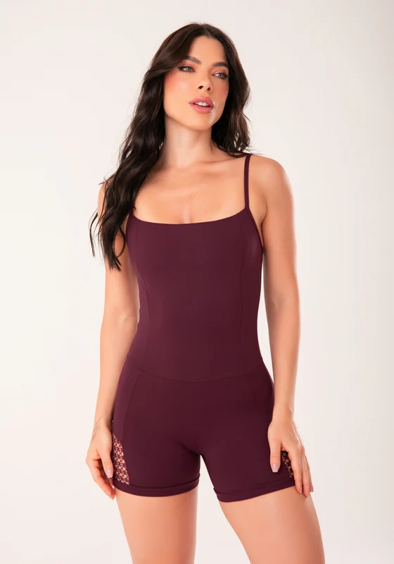 Macaquinho Fitness Feminino Vinho Com Recortes Em Tela Harmony Dlk VINHO / G