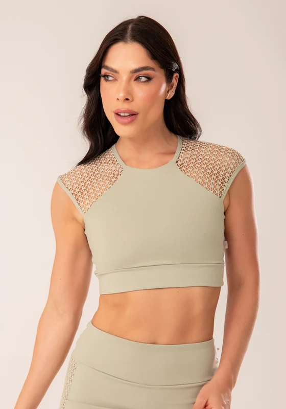 Cropped Feminino Oliva Manga Curta De Tela Harmony Dlk OLIVA / M