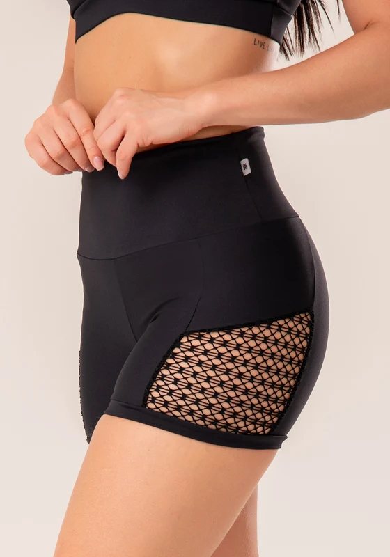 Short Fitness Feminino Preto Com Recortes Em Tela Harmony Dlk PRETO / G
