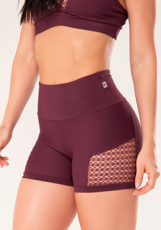 Short Fitness Feminino Vinho Com Recortes Em Tela Harmony Dlk VINHO / M