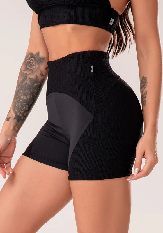 Short Fitness Feminino Preto Com Recortes Texturizados Harmony Dlk PRETO / M