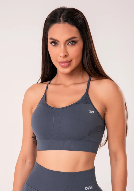 Top Fitness Feminino Cinza Chumbo Com Bojo E Alças Cruzadas Reguláveis Seamless+ Dlk CINZA / M