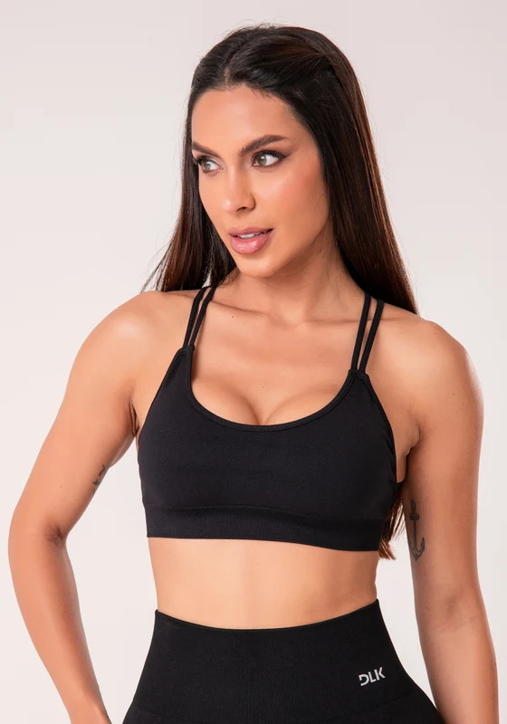 Top Fitness Feminino Preto Com Bojo E Alças Cruzadas Seamless+ Dlk PRETO / P