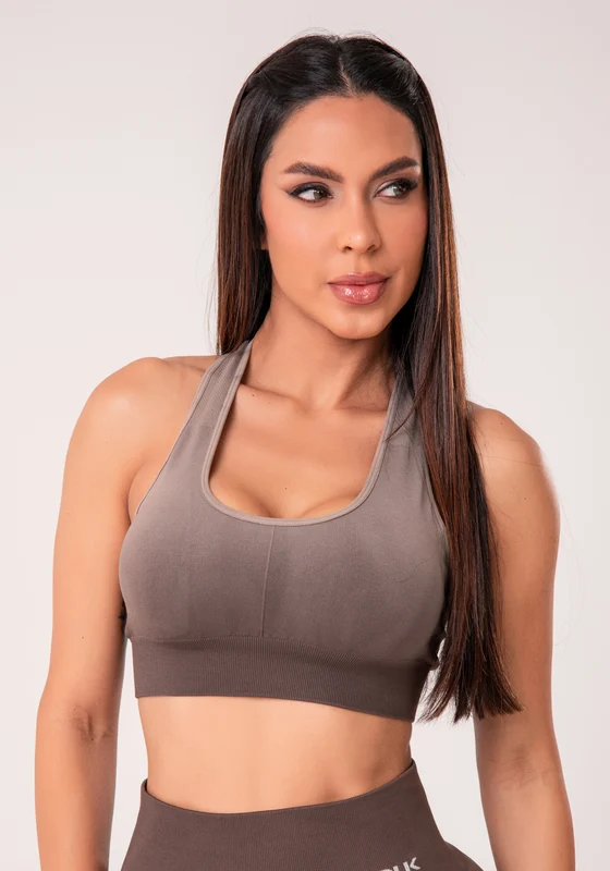 Top Fitness Feminino Nadador Marrom Degradê Com Bojo Seamless+ Dlk MARROM / P