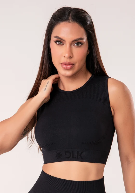 Top Fitness Feminino Preto Texturizado Com Detalhe Vazado Seamless+ Dlk PRETO / G