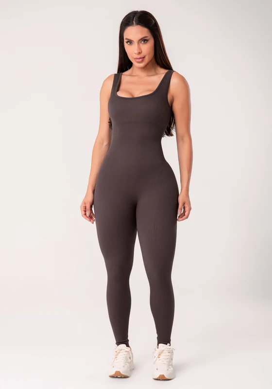 Macacão Fitness Feminino Marrom Canelado com Bojo Seamless+ Dlk MARROM / P