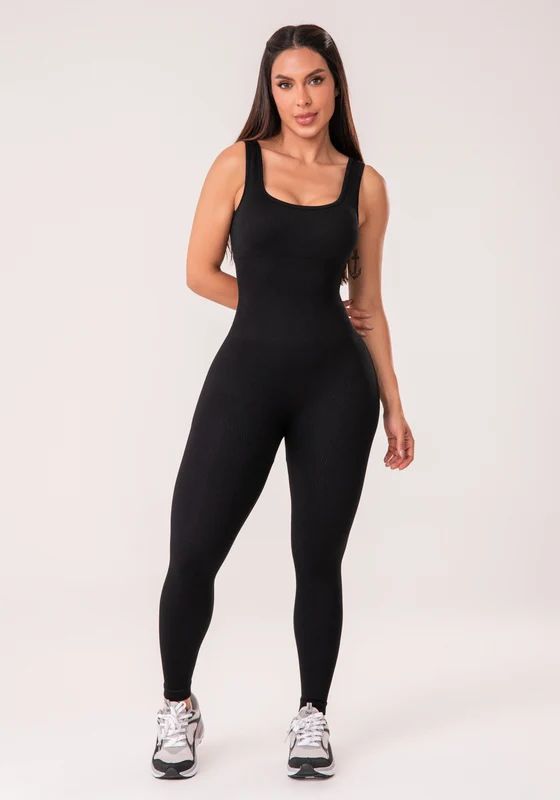 Macacão Fitness Feminino Preto Canelado Com Bojo Seamless+ Dlk PRETO / G