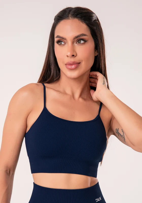 Top Fitness Feminino Azul Marinho Canelado Com Bojo E Alças Reguláveis Seamless+ Dlk AZUL MARINHO / M