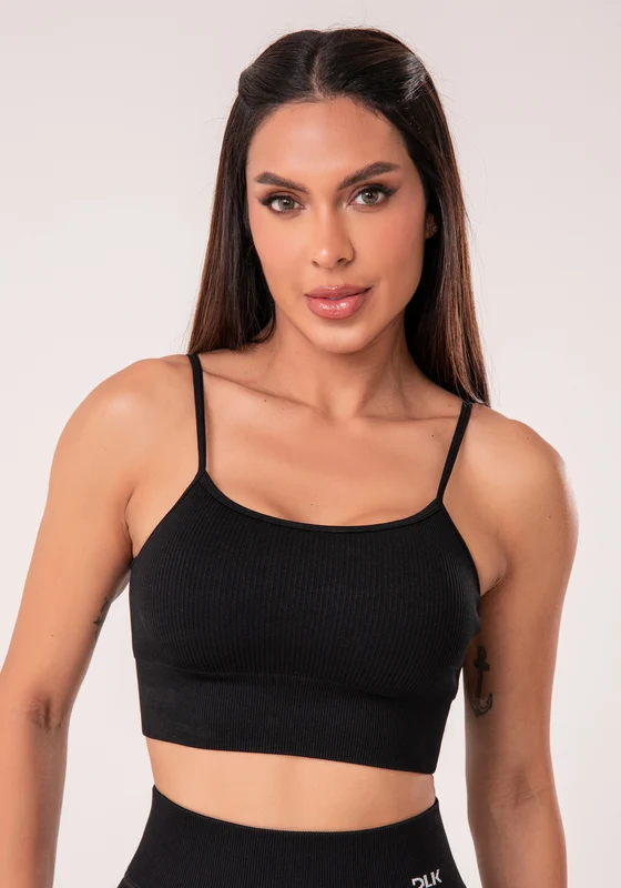 Top Fitness Feminino Preto Canelado Com Bojo E Alças Reguláveis Seamless+ Dlk PRETO / P
