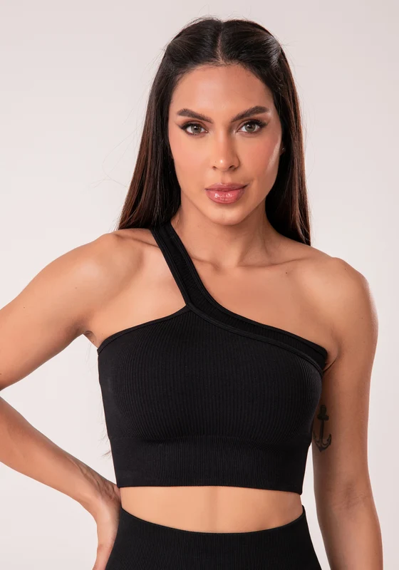 Top Fitness Feminino Um Ombro Só Preto Canelado Com Bojo Seamless+ Dlk PRETO / M