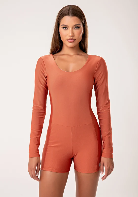 Macaquinho Fitness Feminino Terracota Manga Longa Com Detalhe Canelado Lush Dlk LARANJA / G