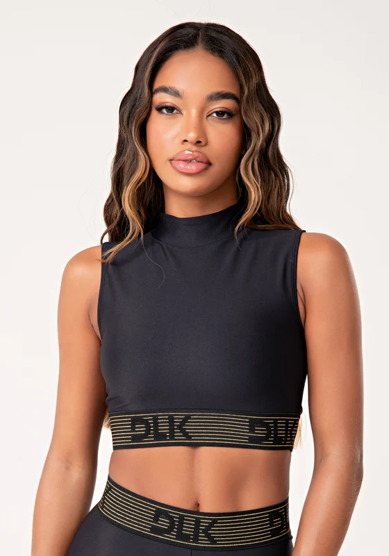 Top Fitness Feminino Preto Gola Alta Com Elástico Lurex Lush Dlk PRETO / GG