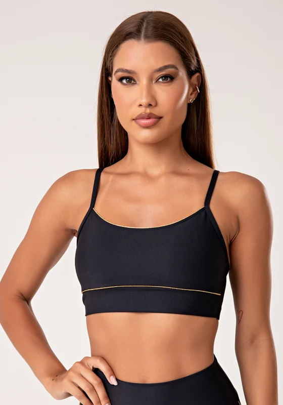Top Fitness Feminino Preto Com Bojo E Detalhe Em Lurex Lush Dlk PRETO / M