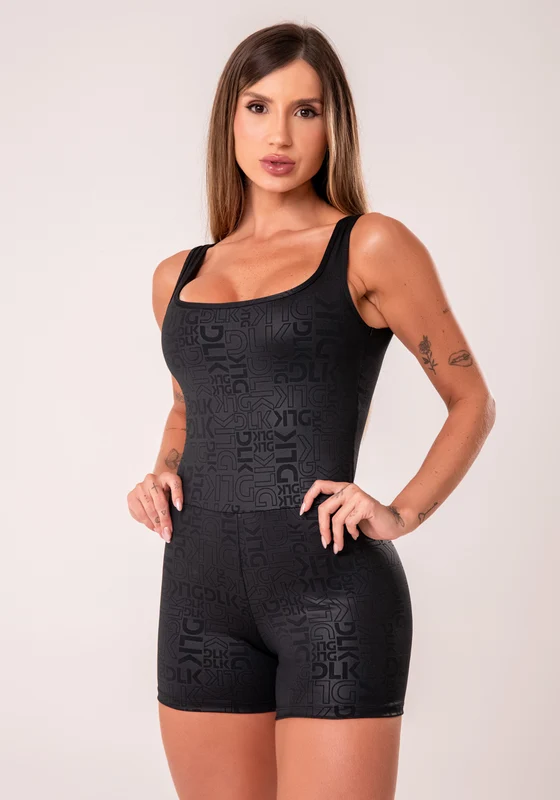 Macaquinho Fitness Feminino Preto Com Decote Quadrado Logomania Reflections Dlk PRETO / G