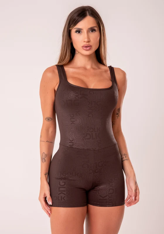 Macaquinho Fitness Feminino Marrom Com Decote Quadrado Logomania Reflections Dlk MARROM / GG